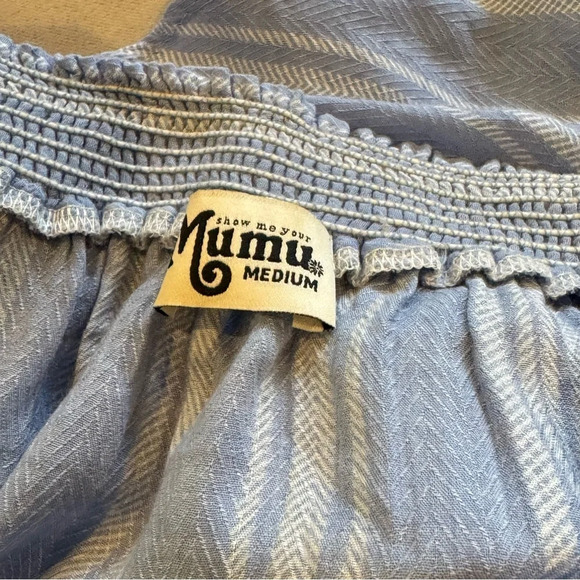 Show Me Your Mumu Casita Mini Dress Side Walk Stripe Medium Blue White - Picture 6 of 9